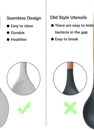 Silicone Spoon, Nonstick Kitchen Silicone Slotted Solid Spoons for Cooking Dishwasher Safe for Nonstick Cookware, Heat Resistant Grey Silicone Serving Spoon BPA Free for Mixing Stirring