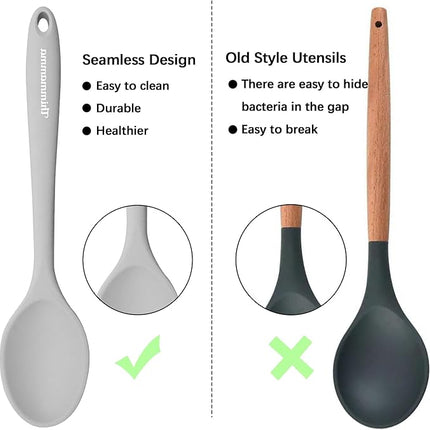 Silicone Spoon, Nonstick Kitchen Silicone Slotted Solid Spoons for Cooking Dishwasher Safe for Nonstick Cookware, Heat Resistant Grey Silicone Serving Spoon BPA Free for Mixing Stirring