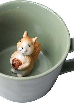 DIHOclub Squirrel Ceramic Cup Hidden 3D Animal Inside Mug,Cute Cartoon Handmade Figurine Mugs,Holiday and Birthday Gift for Coffee Milk Tea Lovers,12 OZ(Light Green)
