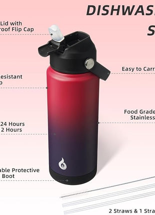 BJPKPK Water Bottle with Straw Lid, 24oz Vacuum Insulated Water Bottles, Metal Stainless Steel Thermo for Sports, Travel, BPA Free Leak Proof Thermo, Cups, Flasks, Tumblers,Charming Red