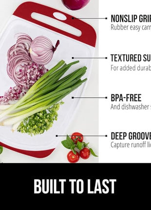 GORILLA GRIP BPA-Free Reversible Kitchen Cutting Board Set of 3, US Designed, Nonporous, Juice Grooves Catch Liquid, Slip Resistant Border, Durable Food Chopping Boards, Christmas Kitchen Decor, Red
