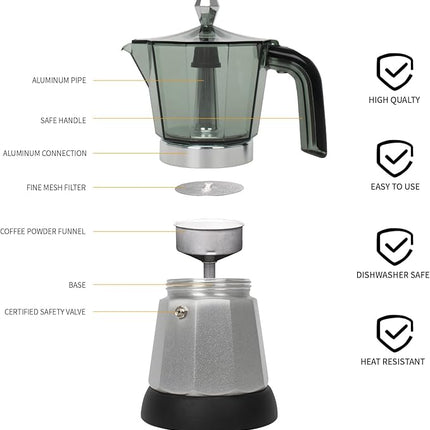 6 Cup Manual Espresso Maker, Small Espresso Machines for Home, Cuban Coffee Maker with Detachable Base & Overheat Protection,Cafeteras Electricas Modernas Moka Pot, Greca Electrica De Cafe Gift