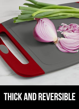 GORILLA GRIP BPA-Free Reversible Kitchen Cutting Board Set of 3, US Designed, Nonporous, Juice Grooves Catch Liquid, Slip Resistant Border, Dishwasher Safe, Durable Large Food Chopping Boards Red Gray