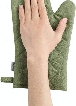 Oven Mitts and Pot Holders 4 pcs Set,High Heat Resistant 500 Degree Extra Thicken Long Kitchen Cotton Oven Glove for Cooking (12 Inch,Green)