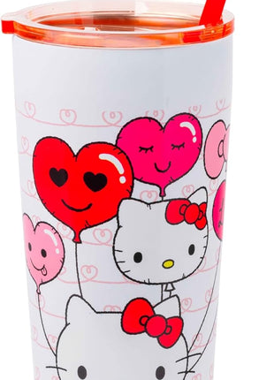 Silver Buffalo Hello Kitty Heart Balloons Double Walled Stainless Steel Tumbler with Straw, 22 Ounces