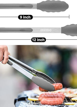Kitchen Tongs, Stainless Steel Silicone Tongs for Cooking 600ºF High Heat-Resistant BBQ Grilling Locking Tongs, Set of 2-9" and 12" Light Grey