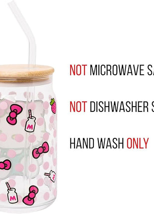 Silver Buffalo Sanrio Hello Kitty Strawberry Milk Bow Pink Polka Dot Glass Jar Tumbler with Bamboo Lid and Glass Straw, 16 Ounces (Pack of 12)