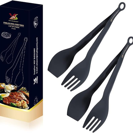 MSY BIGSUNNY Appetizer Tongs - Stainless Steel Kitchen Locking Food Tongs, Buffet Serving Tongs Set of 2(Black, 9 inch)