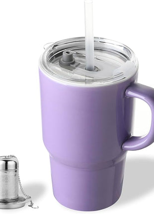 Sweejar Ceramic Travel Mug with Lid, 16 oz Portable Coffee Mug, Dishwasher Safe Tea Cup with Infuser, Reusable Teacup for Car Cup Holder, Tea Lovers(Purple)