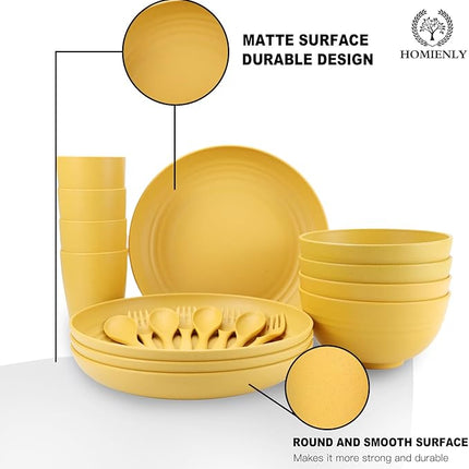 Wheat Straw Dinnerware Sets, Homienly 20pcs Unbreakable Microwave Dishwasher Safe Tableware Lightweight Bowls, Cups, Plates Set Reusable Dinner Plates Bowls set (Yellow)