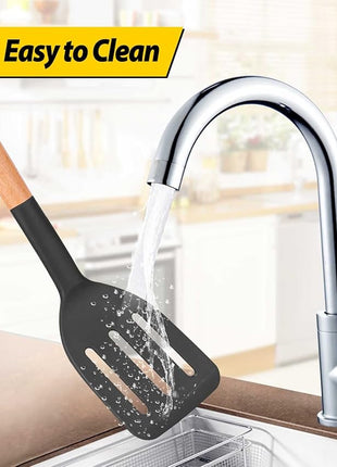 Pack of 2 Silicone Cooking Spatula, Heat Resistant Solid Turner, Non Stick Slotted Spatulas with Wooden Short Handle,Ideal Wood Kitchen Utensils Set for Frying, Baking, Flipping, Turning