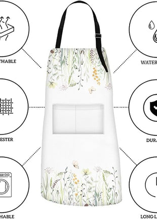 Britimes Floral Yellow Flowers Green Apron Home Kitchen Cooking Baking Gardening for Women Men with Pockets 32x28 inch