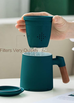 ZENS Tea Cup with Infuser and Lid, 12oz Green Tea Mug for Loose Leaf Tea Steeper, Wood Handle Tea Cup with Fine Tea Strainers Hot Diffusers, Ceramic Mugs Accessories for Tea Lovers Gifts