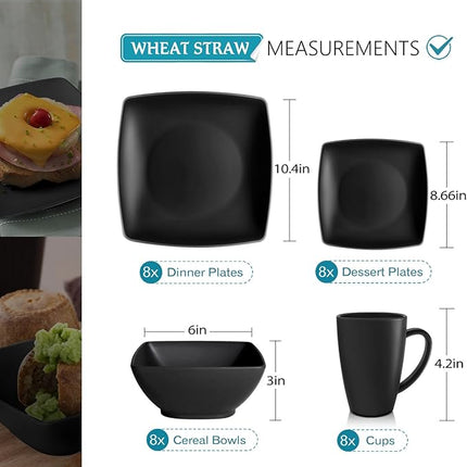 Teivio 32-piece Plastic Kitchen Wheat Straw Square Dinnerware Sets,Service for 8, Unbreakable Dinner Plates, Salad Plates, Snack Bowls, Mugs,Dishwasher Safe,Camping Dishes,Black