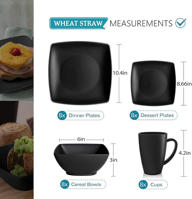 Teivio 32-piece Plastic Kitchen Wheat Straw Square Dinnerware Sets,Service for 8, Unbreakable Dinner Plates, Salad Plates, Snack Bowls, Mugs,Dishwasher Safe,Camping Dishes,Black