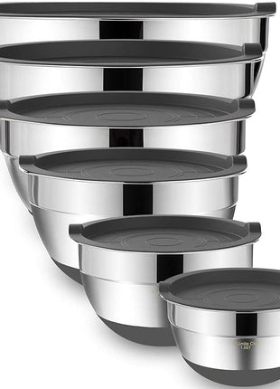 Umite Chef Mixing Bowls with Airtight Lids，6 piece Stainless Steel Metal Nesting Storage Bowls, Non-Slip Bottoms Size 7, 3.5, 2.5, 2.0,1.5, 1QT, Great for Mixing & Serving(Grey)