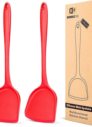 Pack of 2 Silicone Wok Spatula, Non-Stick, Heat Resistant, Easy to Clean and Dishwasher Safe, Seamless Kitchen Utensil for Cooking, Baking, Stir-Fry (Red)