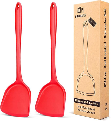 Pack of 2 Silicone Wok Spatula, Non-Stick, Heat Resistant, Easy to Clean and Dishwasher Safe, Seamless Kitchen Utensil for Cooking, Baking, Stir-Fry (Red)