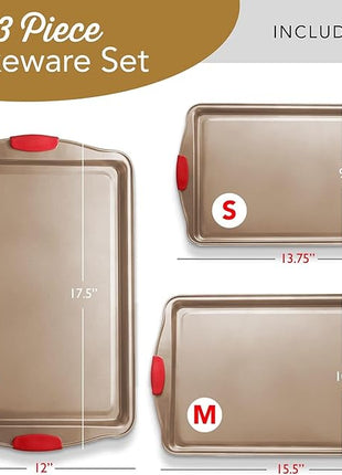 Baking Sheet Set, 3-Piece Cookie Sheet Set with Silicone Handles, Steel Baking Pans Set, Durable Baking Sheets for Oven, BPA Free Cookie Sheets for Baking Nonstick Set, Sheet Pan - Bronze Baking Pan