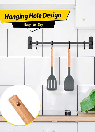 Pack of 2 Silicone Cooking Spatula, Heat Resistant Solid Turner, Non Stick Slotted Spatulas with Wooden Short Handle,Ideal Wood Kitchen Utensils Set for Frying, Baking, Flipping, Turning