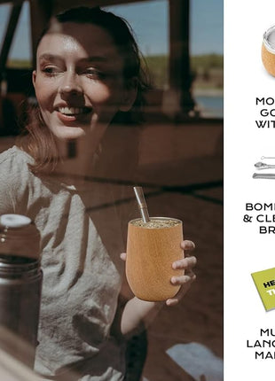 BALIBETOV 5 pcs large Yerba Mate Cup and Bombilla Kit, Includes one 12 oz Yerba Mate Gourd with Lid, Two Bombillas Mate Straw and one cleaning brush | Stainless steel | Double Walled