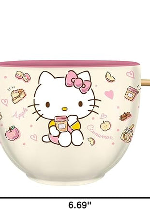 Silver Buffalo Sanrio Hello Kitty Apples and Cinnamon Ceramic Ramen Noodle Rice Bowl with Chopsticks and Spoon, Microwave Safe, 20 Ounces