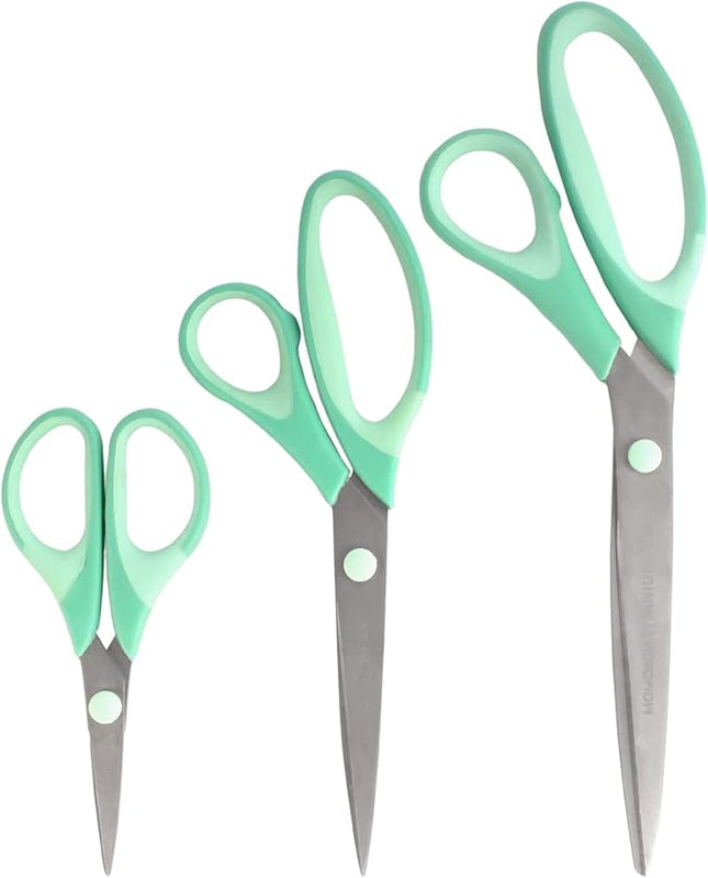BambooMN Titanium Softgrip Scissors Set for Sewing, Arts, Crafts, Office - 10 Sets of 3 - Mint Green