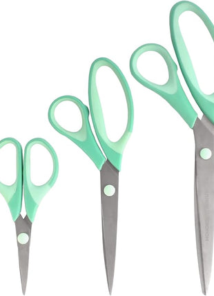 BambooMN Titanium Softgrip Scissors Set for Sewing, Arts, Crafts, Office - 30 Sets of 3 - Mint Green w/Light Inlays