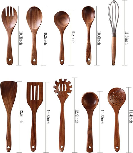 Wooden Spoons for Cooking, 10 Pcs Wooden Utensils for Cooking, NAYAHOSE Natural Teak Wood Spoons, Non-Stick Comfort Grip Kitchen Utensils Set