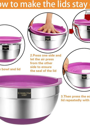 Umite Chef Mixing Bowls with Airtight Lids, 6 Piece Stainless Steel Metal Bowls, Measurement Marks & Colorful Non-Slip Bottoms Size 7, 3.5, 2.5, 2.0,1.5, 1QT, Great for Mixing & Serving