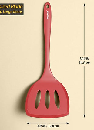 Silicone Pancake Spatula Turner with Lengthened Handle& Seamless Design, Heat Resistant Slotted Flipper for Nonstick Cookware, Large Flexible Kitchen Utensils for Egg, Pancake, Burger, Red