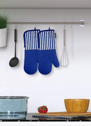 Silicone Oven Mitts Heat Resistant 932℉ with Waterproof & Non-Slip Kitchen Mittens, Set of 2 Extra Long Oven Gloves with Soft Cotton Terry Lining for Baking Cooking Barbecue (Cobait Blue, 2)