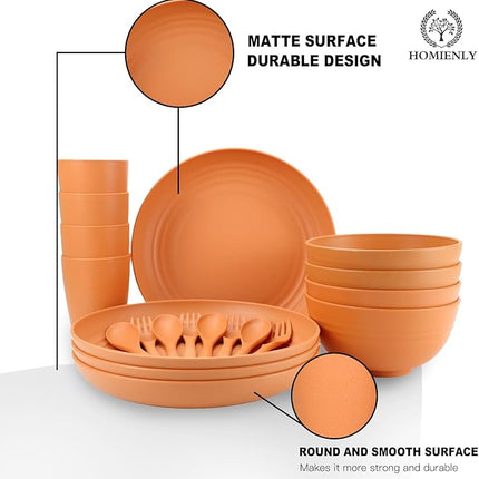 Wheat Straw Dinnerware Sets, Homienly 20pcs Unbreakable Microwave Dishwasher Safe Tableware Lightweight Bowls, Cups, Plates Set Reusable Dinner Plates Bowls set (Orange)
