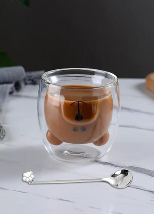 Cute Mugs Double Wall Glass Coffee Glass Cup Kawaii Bear Tea Milk Cup Funny Mug Animal Mug Aesthetic Cup for Office and Personal Birthday Gift (Happy bear)