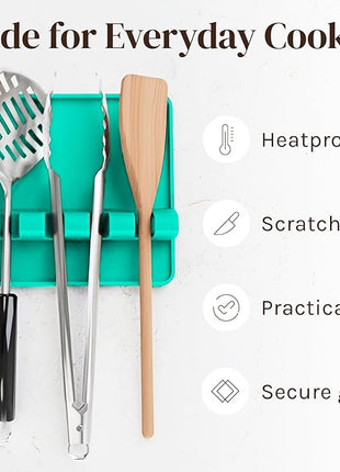 Aqua Green Silicone Spoon Rest for Stove Top with Drip Pad (Two Pack) - Heat-Resistant, BPA-Free Utensil Rest & Spoon Holder for Kitchen Counter - Grill Utensil Holder for Spatulas, Tongs, Ladles