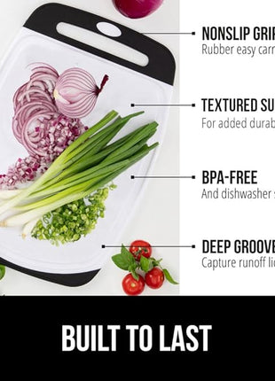 GORILLA GRIP BPA-Free Reversible Kitchen Cutting Board Set of 3, US Designed, Nonporous, Juice Grooves Catch Liquid, Slip Resistant Border, Dishwasher Safe Large Food Chopping Boards, Black Aqua Gray