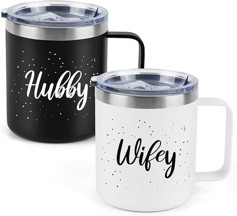 Husband and Wife Gifts, Mr & Mrs Coffee Mugs Set, Hubby and Wifey Gifts, Newlywed Gif 14oz Stainless Steel Insulated Mug(Black White)