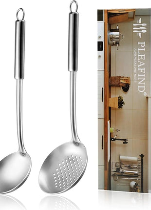 Pleafind 2-Pcs Ladle and Slotted Spoon, Soup Ladle and Strainer Spoons, Stainless Steel Cooking Spoon and Skimmer Spoons, Kitchen Utensils, Wok Utensils for Home and Restaurant, Dishwasher Safe