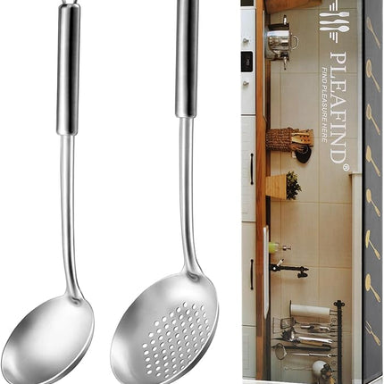 Pleafind 2-Pcs Ladle and Slotted Spoon, Soup Ladle and Strainer Spoons, Stainless Steel Cooking Spoon and Skimmer Spoons, Kitchen Utensils, Wok Utensils for Home and Restaurant, Dishwasher Safe