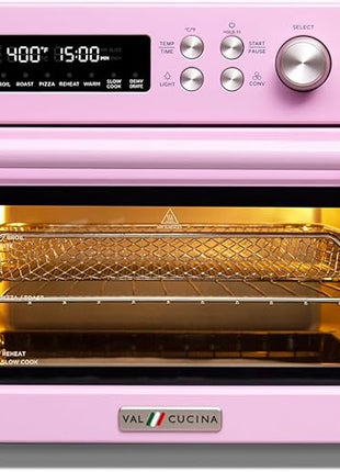 VAL CUCINA Retro Style Infrared Heating Air Fryer Toaster Oven, Extra Large Countertop Convection Oven 10-in-1 Combo, 6-Slice Toast, Enamel Baking Pan Easy Clean with Recipe Book, Classic Pink Color