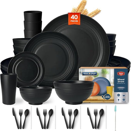 Teivio 40-Piece Kitchen Plastic Wheat Straw Dinnerware Sets, Service for 4, Dinner Plates,Dessert Plates,Cereal Bowls, Cups, Flatware,Dishwasher Safe, Unbreakable Outdoor Camping Dishes, Black