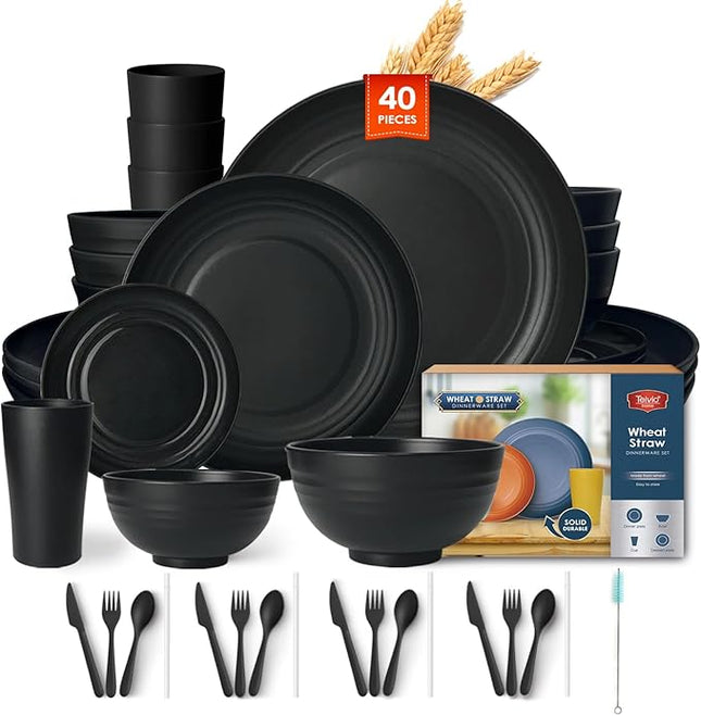 Teivio 40-Piece Kitchen Plastic Wheat Straw Dinnerware Sets, Service for 4, Dinner Plates,Dessert Plates,Cereal Bowls, Cups, Flatware,Dishwasher Safe, Unbreakable Outdoor Camping Dishes, Black