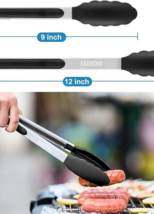 Kitchen Tongs, Stainless Steel Silicone Tongs for Cooking 600ºF High Heat-Resistant BBQ Grilling Locking Tongs, Set of 2-9" and 12" Black