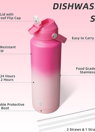 BJPKPK Insulated Water Bottle with Straw Lid, 40oz Large Thermo, BPA Free Leak Proof Stainless Steel Metal Water Bottles, Tumblers, Cups, Flasks for Travel, Sports,Cherry