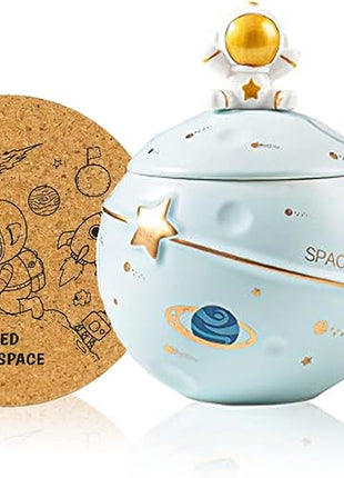 Kawaii Astronaut Cup Space Embossed Planet Mug, Cute Ceramic Coffee Mug, Novelty Mug with Lid and Spoon for Coffee, Tea, Milk, Aesthetic Room Decor Funny Gift for Girl Boy Women (Blue)