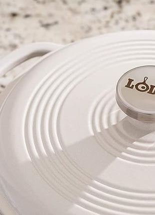 Lodge 3 Quart Enameled Cast Iron Dutch Oven with Lid – Dual Handles – Oven Safe up to 500° F or on Stovetop - Use to Marinate, Cook, Bake, Refrigerate and Serve – Oyster White