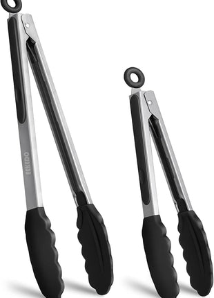 Kitchen Tongs, Stainless Steel Silicone Tongs for Cooking 600ºF High Heat-Resistant BBQ Grilling Locking Tongs, Set of 2-9" and 12" Black