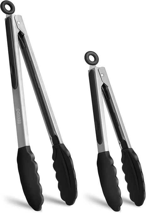 Kitchen Tongs, Stainless Steel Silicone Tongs for Cooking 600ºF High Heat-Resistant BBQ Grilling Locking Tongs, Set of 2-9" and 12" Black