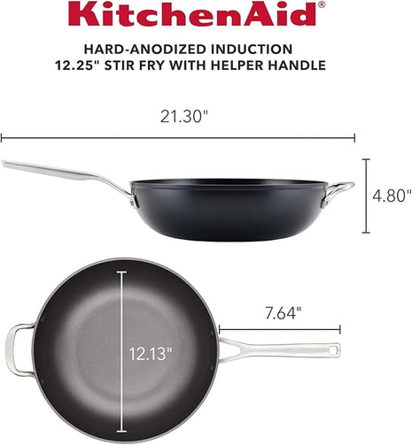 KitchenAid Hard Anodized Induction Nonstick Stir Fry Pan/Wok with Helper Handle, 12.25 Inch - Matte Black