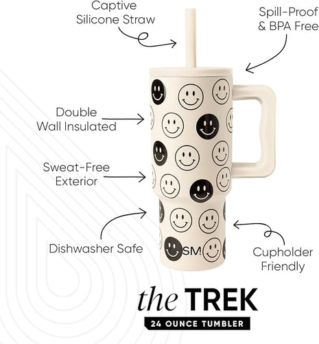 Simple Modern Kids 24 oz Tumbler with Handle and Silicone Straw Lid | Spill Proof and Leak Resistant | Reusable Stainless Steel Bottle | Gift for Kids Boys Girls | Trek Collection | Tan Happy Faces